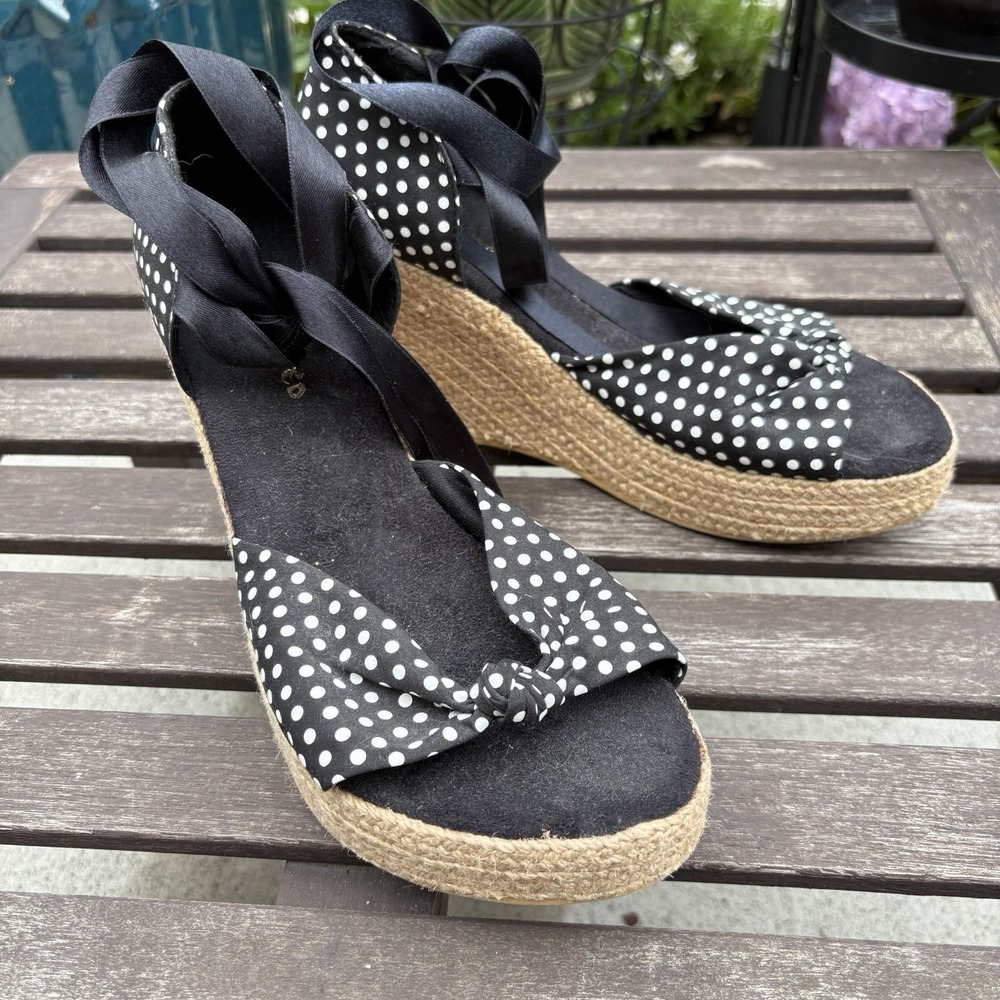 Restricted Women 9 Black Polka Dot Wedge Sandals Rockabilly Pinup Espadrille y2K